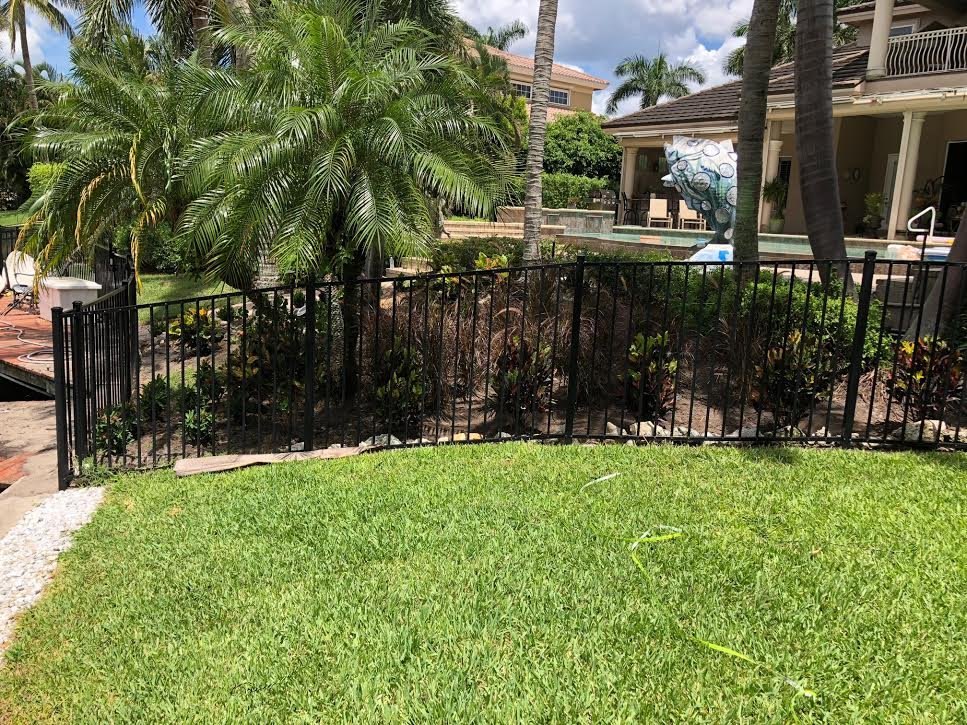 Fresh green lawn and new plantings along a fenced backyard